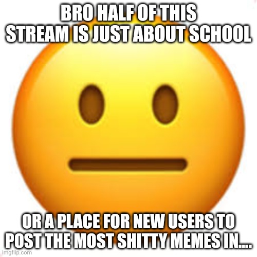 Not funny | BRO HALF OF THIS STREAM IS JUST ABOUT SCHOOL; OR A PLACE FOR NEW USERS TO POST THE MOST SHITTY MEMES IN.... | image tagged in not funny | made w/ Imgflip meme maker
