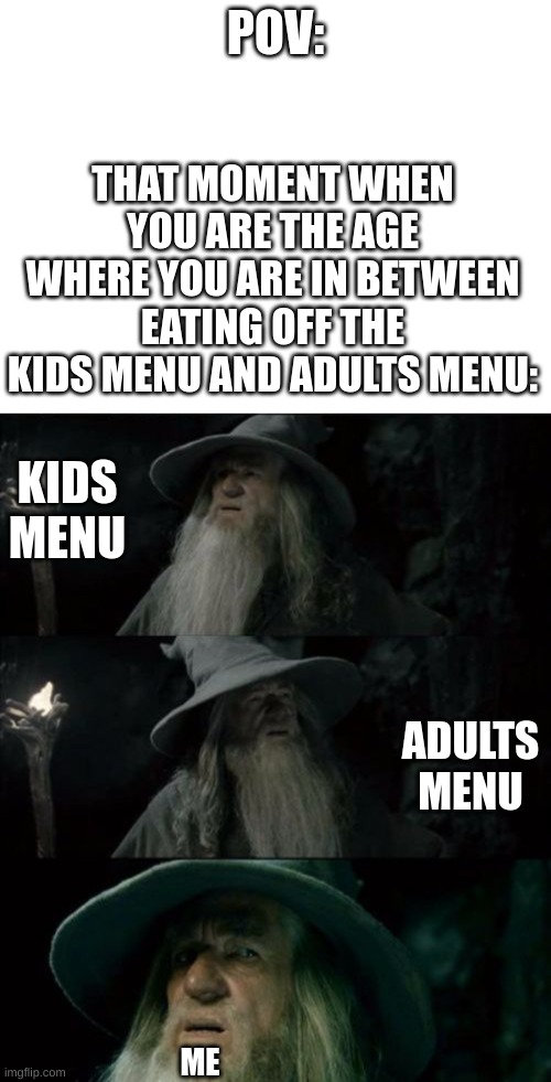 https://imgflip.com/i/7pefm4 (I hope you enjoy this meme) Meme #360 | POV:; THAT MOMENT WHEN YOU ARE THE AGE WHERE YOU ARE IN BETWEEN EATING OFF THE KIDS MENU AND ADULTS MENU:; KIDS MENU; ADULTS MENU; ME | image tagged in confused gandalf,funny,blank white template,relatable memes,pov,fun | made w/ Imgflip meme maker