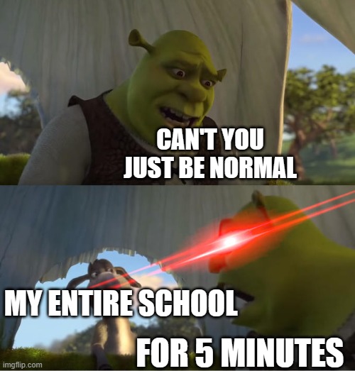 I am out of school btw | CAN'T YOU JUST BE NORMAL; MY ENTIRE SCHOOL; FOR 5 MINUTES | image tagged in shrek for five minutes | made w/ Imgflip meme maker