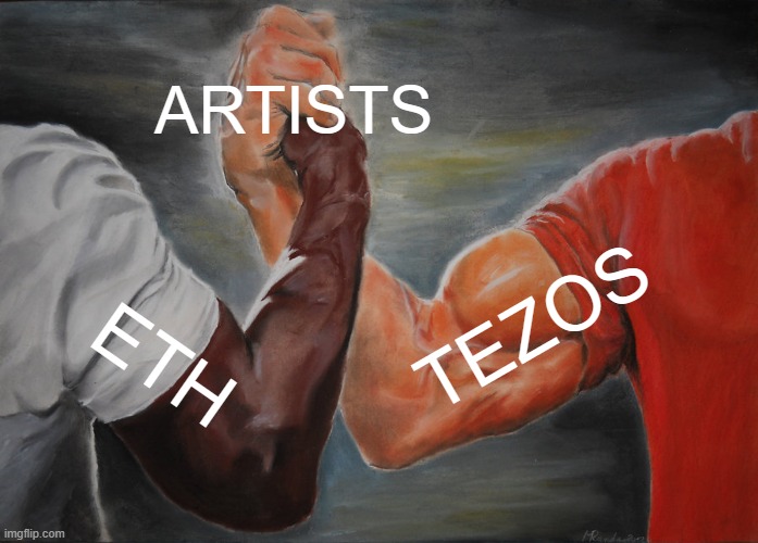 ETH TEZOS ARTISTS | ARTISTS; TEZOS; ETH | image tagged in memes,epic handshake,nft,blockchain,ethereum,cryptocurrency | made w/ Imgflip meme maker