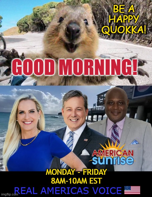 BE A 
HAPPY 
QUOKKA! GOOD MORNING! MONDAY - FRIDAY 
8AM-10AM EST; REAL AMERICAS VOICE | made w/ Imgflip meme maker