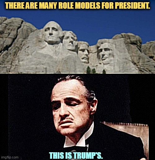 But his boxes! | THERE ARE MANY ROLE MODELS FOR PRESIDENT. THIS IS TRUMP'S. | image tagged in mafia don corleone,mount rushmore,president,role model,trump | made w/ Imgflip meme maker