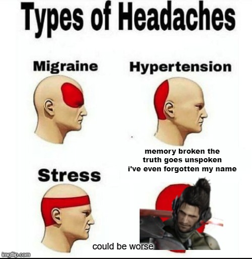 Types of Headaches meme | memory broken the truth goes unspoken i've even forgotten my name; could be worse | image tagged in types of headaches meme | made w/ Imgflip meme maker