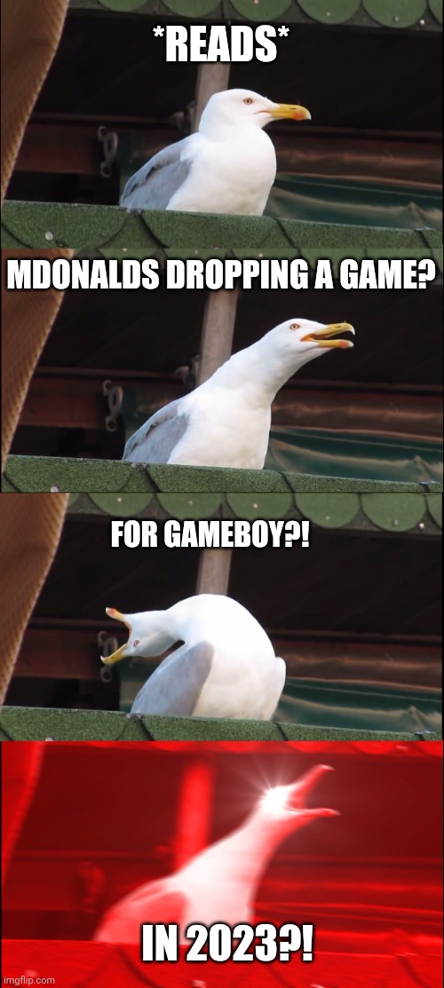 Inhaling Seagull Meme | *READS* MDONALDS DROPPING A GAME? FOR GAMEBOY?! IN 2023?! | image tagged in memes,inhaling seagull | made w/ Imgflip meme maker