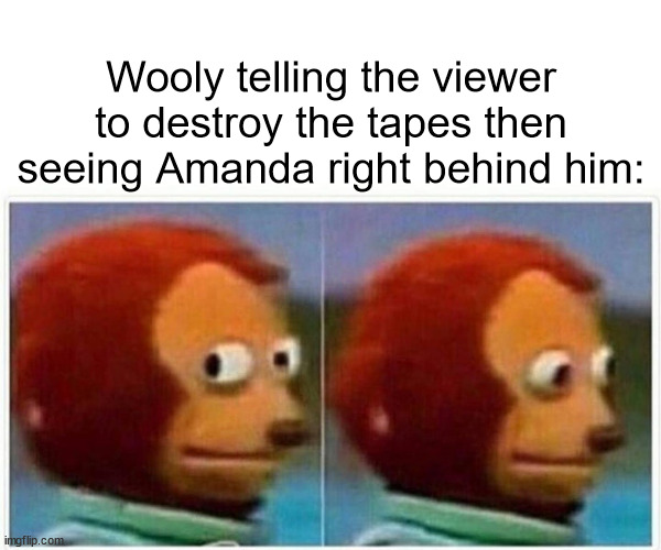 Amanda the Adventurer is a Roller Coaster Ride | Wooly telling the viewer to destroy the tapes then seeing Amanda right behind him: | image tagged in memes,monkey puppet | made w/ Imgflip meme maker