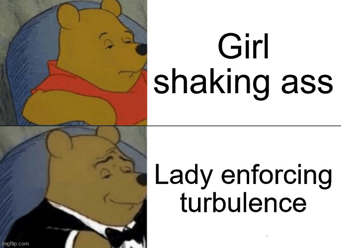 The better way to say it | Girl shaking ass; Lady enforcing turbulence | image tagged in memes,tuxedo winnie the pooh,ass,twerk,twerking,turbulence | made w/ Imgflip meme maker