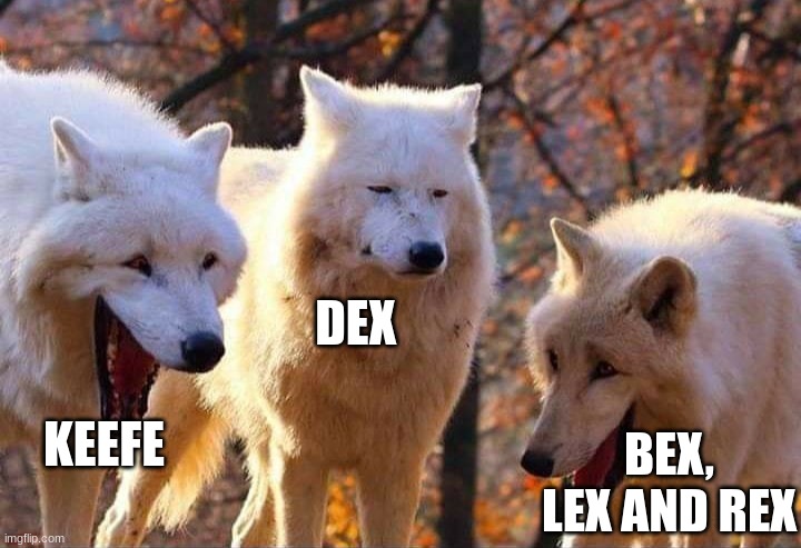 Laughing wolf | DEX; KEEFE; BEX, LEX AND REX | image tagged in laughing wolf | made w/ Imgflip meme maker