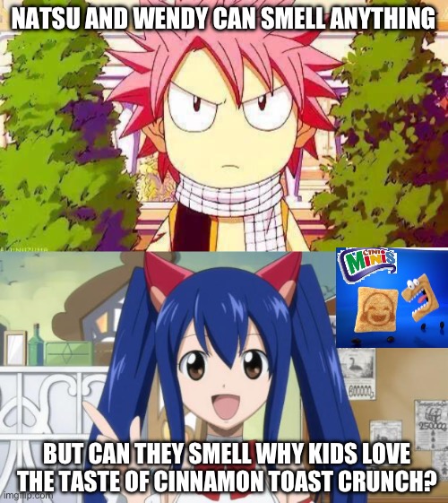 Yea, can they? | NATSU AND WENDY CAN SMELL ANYTHING; BUT CAN THEY SMELL WHY KIDS LOVE THE TASTE OF CINNAMON TOAST CRUNCH? | image tagged in natsu dragneel,wendy marvell,cinnamon toast crunch,memes,fairy tail,smell | made w/ Imgflip meme maker