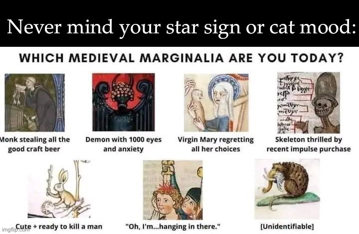 Medieval Marginalia | Never mind your star sign or cat mood: | image tagged in medieval,medieval memes,mood,today | made w/ Imgflip meme maker