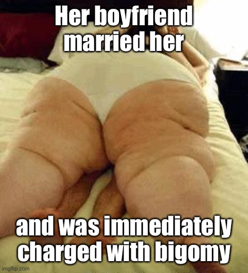 fat woman | Her boyfriend married her and was immediately charged with bigomy | image tagged in fat woman | made w/ Imgflip meme maker