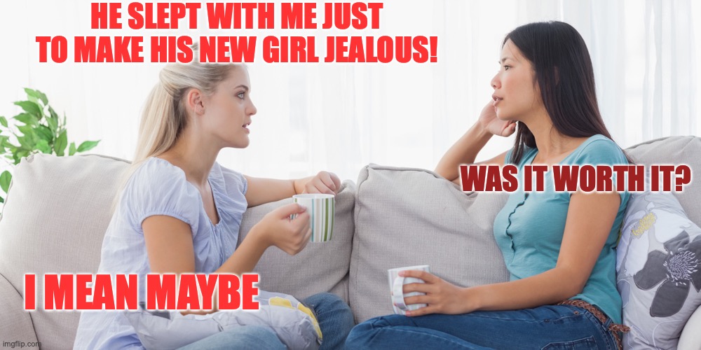 Two women talking | HE SLEPT WITH ME JUST TO MAKE HIS NEW GIRL JEALOUS! WAS IT WORTH IT? I MEAN MAYBE | image tagged in two women talking | made w/ Imgflip meme maker
