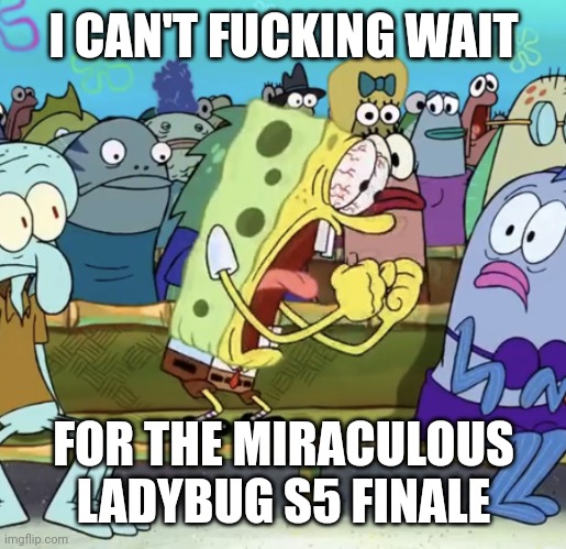 Spongebob Yelling | I CAN'T FUCKING WAIT; FOR THE MIRACULOUS LADYBUG S5 FINALE | image tagged in spongebob yelling | made w/ Imgflip meme maker