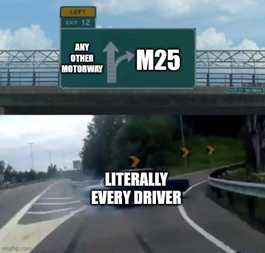 Only brits will get this | ANY OTHER MOTORWAY; M25; LITERALLY EVERY DRIVER | image tagged in swerving car | made w/ Imgflip meme maker