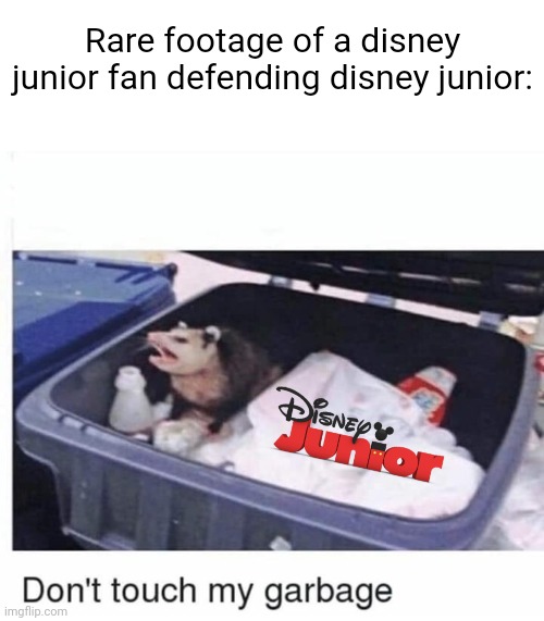 Very rare footage | Rare footage of a disney junior fan defending disney junior: | image tagged in don't touch my garbage | made w/ Imgflip meme maker