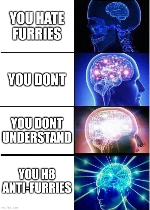 Expanding Brain | YOU HATE FURRIES; YOU DONT; YOU DONT UNDERSTAND; YOU H8 ANTI-FURRIES | image tagged in memes,expanding brain | made w/ Imgflip meme maker