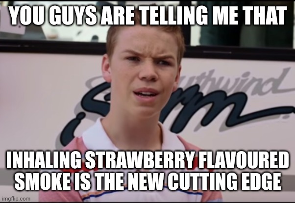 You Guys are Getting Paid | YOU GUYS ARE TELLING ME THAT; INHALING STRAWBERRY FLAVOURED SMOKE IS THE NEW CUTTING EDGE | image tagged in you guys are getting paid | made w/ Imgflip meme maker
