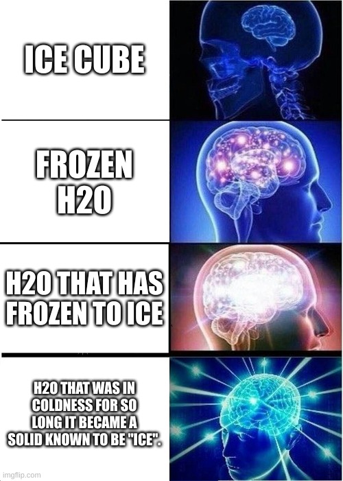 Expanding Brain | ICE CUBE; FROZEN H2O; H2O THAT HAS FROZEN TO ICE; H2O THAT WAS IN COLDNESS FOR SO LONG IT BECAME A SOLID KNOWN TO BE "ICE". | image tagged in memes,expanding brain,increasingly verbose | made w/ Imgflip meme maker