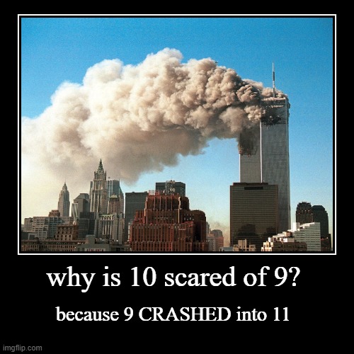 be fr yall | why is 10 scared of 9? | because 9 CRASHED into 11 | image tagged in funny,demotivationals,offensive | made w/ Imgflip demotivational maker