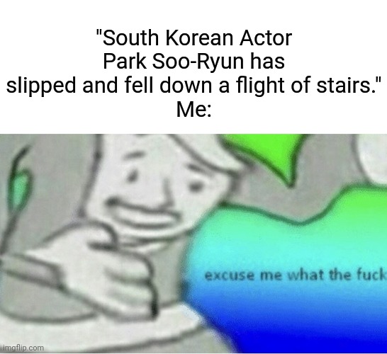 I heard it on google news on yesterday, by the way. | "South Korean Actor Park Soo-Ryun has slipped and fell down a flight of stairs."
Me: | image tagged in excuse me wtf blank template,memes | made w/ Imgflip meme maker
