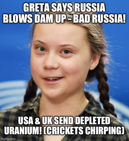 Greta Thunberg | GRETA SAYS RUSSIA BLOWS DAM UP - BAD RUSSIA! USA & UK SEND DEPLETED URANIUM! (CRICKETS CHIRPING) | image tagged in greta thunberg | made w/ Imgflip meme maker