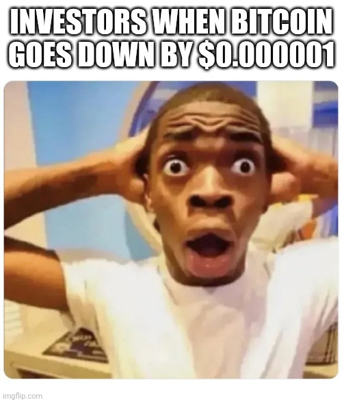 Beanz | INVESTORS WHEN BITCOIN GOES DOWN BY $0.000001 | image tagged in black guy suprised | made w/ Imgflip meme maker