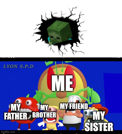 MEANWHILE IN ZOMBIE APOCALYPSE: | ME; MY FATHER; MY BROTHER; MY FRIEND; MY SISTER | image tagged in pizza tower screaming | made w/ Imgflip meme maker