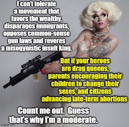 Why I'm a Moderate | I can’t tolerate a movement that favors the wealthy, disparages immigrants, opposes common-sense gun laws and reveres a misogynistic insult king. But if your heroes are drag queens, parents encouraging their children to change their sexes, and citizens advancing late-term abortions; Count me out.  Guess that’s why I’m a moderate. | image tagged in maga,leftists,right wing,brainwashing,drag queen,cultural marxism | made w/ Imgflip meme maker