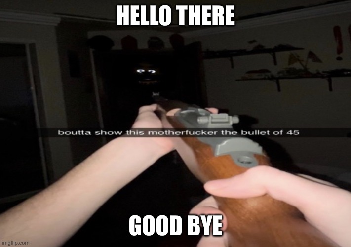 Boutta  to show this mf the bullet of 45 | HELLO THERE; GOOD BYE | image tagged in boutta to show this mf the bullet of 45 | made w/ Imgflip meme maker