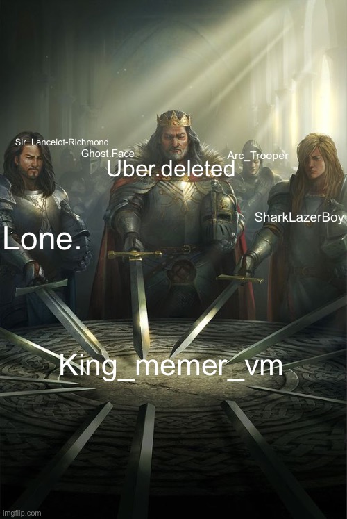 How much are y’all betting he’s gonna come storming onto this meme screaming like a kid? | Sir_Lancelot-Richmond; Uber.deleted; Arc_Trooper; Ghost.Face; SharkLazerBoy; Lone. King_memer_vm | image tagged in knights of the round table,crusader | made w/ Imgflip meme maker