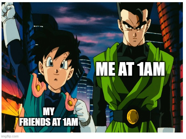 Gohan and Videl meme | ME AT 1AM; MY FRIENDS AT 1AM | image tagged in dragon ball,anime,memes | made w/ Imgflip meme maker