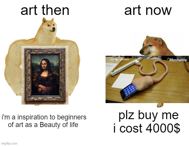 Buff Doge vs. Cheems | art then; art now; i'm a inspiration to beginners of art as a Beauty of life; plz buy me i cost 4000$ | image tagged in memes,wtf is that | made w/ Imgflip meme maker