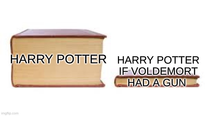 Harry potter | HARRY POTTER IF VOLDEMORT HAD A GUN; HARRY POTTER | image tagged in big book small book | made w/ Imgflip meme maker