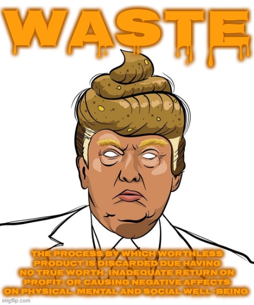 WASTE | WASTE; THE PROCESS BY WHICH WORTHLESS PRODUCT IS DISCARDED DUE HAVING NO TRUE WORTH, INADEQUATE RETURN ON PROFIT; OR CAUSING NEGATIVE AFFECTS ON PHYSICAL, MENTAL AND SOCIAL WELL-BEING | image tagged in waste,worthless,unwanted,junk,unprofitable,garbage | made w/ Imgflip meme maker