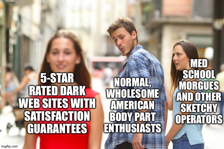 Distracted Boyfriend | MED SCHOOL MORGUES AND OTHER SKETCHY OPERATORS; 5-STAR RATED DARK WEB SITES WITH SATISFACTION GUARANTEES; NORMAL, WHOLESOME AMERICAN BODY PART ENTHUSIASTS | image tagged in memes,distracted boyfriend | made w/ Imgflip meme maker