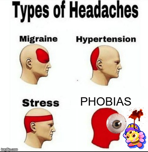 PHOBIAS | PHOBIAS | image tagged in types of headaches meme | made w/ Imgflip meme maker