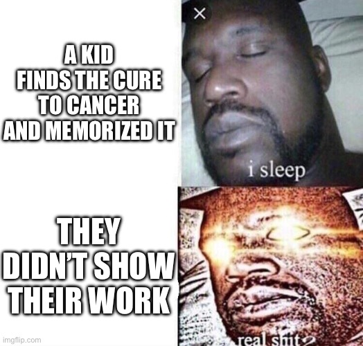 i sleep real shit | A KID FINDS THE CURE TO CANCER AND MEMORIZED IT; THEY DIDN’T SHOW THEIR WORK | image tagged in i sleep real shit | made w/ Imgflip meme maker