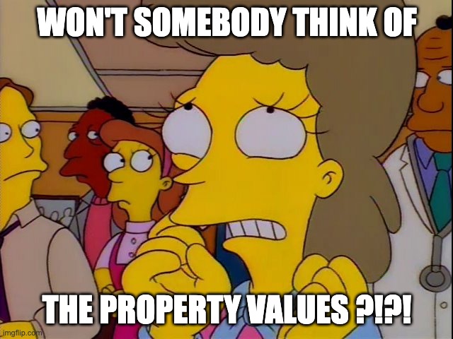 Won't somebody think of the children | WON'T SOMEBODY THINK OF; THE PROPERTY VALUES ?!?! | image tagged in won't somebody think of the children | made w/ Imgflip meme maker