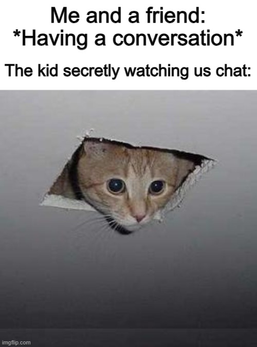 Can they just leave us alone...? | Me and a friend: *Having a conversation*; The kid secretly watching us chat: | image tagged in memes,ceiling cat,you mustn't disapprove theres a cat in the meme | made w/ Imgflip meme maker
