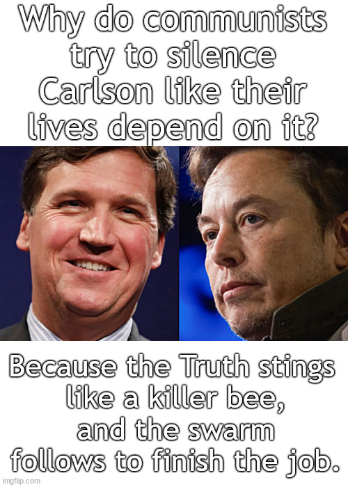 The communist mob despises Tucker's Truth | Why do communists try to silence Carlson like their lives depend on it? Because the Truth stings 
like a killer bee,
and the swarm follows to finish the job. | image tagged in memes,politics,tucker carlson,musk,twitter | made w/ Imgflip meme maker