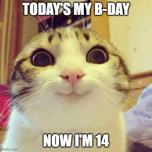 i'm excited and it's only 8:50 in the morning lol | TODAY'S MY B-DAY; NOW I'M 14 | image tagged in memes,smiling cat,today is my birthday,funny,gifs | made w/ Imgflip meme maker