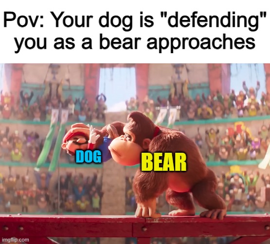 Dogs are so overconfident and loyal... not very good during this scenario D: | Pov: Your dog is "defending" you as a bear approaches; DOG; BEAR | made w/ Imgflip meme maker