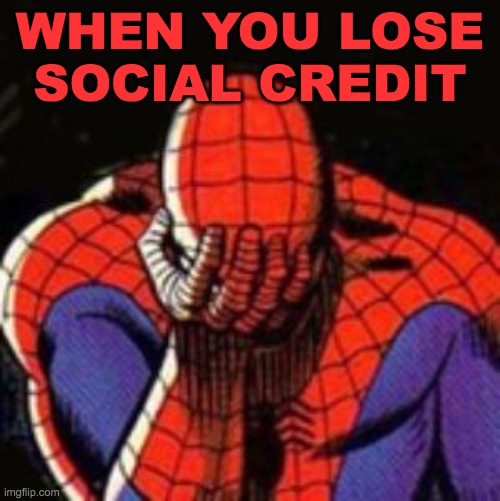 Sad Spiderman | WHEN YOU LOSE SOCIAL CREDIT | image tagged in memes,sad spiderman,spiderman | made w/ Imgflip meme maker