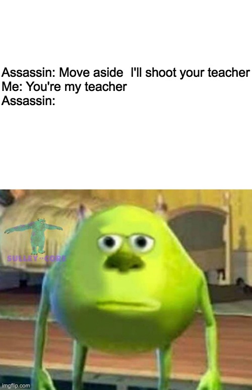 Assassin: Move aside  I'll shoot your teacher
Me: You're my teacher

Assassin: | image tagged in blank white template,monsters inc | made w/ Imgflip meme maker