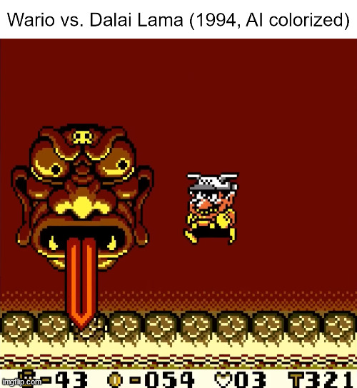 Wario vs. Dalai Lama (1994, AI colorized) | image tagged in wario,dalai lama,1994,ai colorized | made w/ Imgflip meme maker