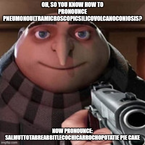 If you know what the heck this Minecraft item is | OH, SO YOU KNOW HOW TO PRONOUNCE PNEUMONOULTRAMICROSCOPICSILICOVOLCANOCONIOSIS? NOW PRONOUNCE: SALMUTTOTABREABBITLECOCHICARROCHOPOTATIE PIE CAKE | image tagged in oh so you like x name every y | made w/ Imgflip meme maker