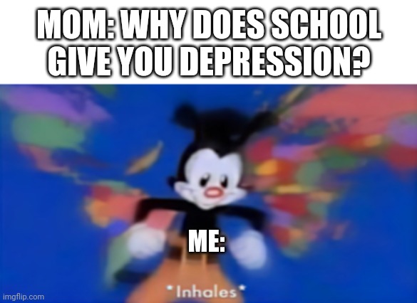 Yakko inhale | MOM: WHY DOES SCHOOL GIVE YOU DEPRESSION? ME: | image tagged in yakko inhale | made w/ Imgflip meme maker