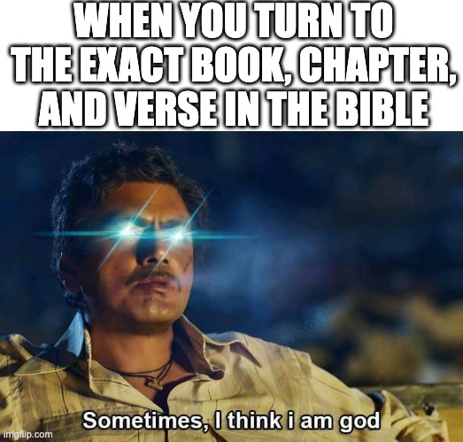 God | WHEN YOU TURN TO THE EXACT BOOK, CHAPTER, AND VERSE IN THE BIBLE | image tagged in sometimes i think i am god | made w/ Imgflip meme maker