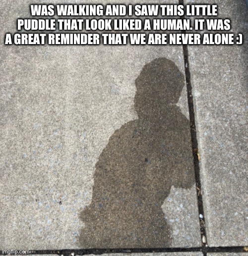 We are never alone :) | WAS WALKING AND I SAW THIS LITTLE PUDDLE THAT LOOK LIKED A HUMAN. IT WAS A GREAT REMINDER THAT WE ARE NEVER ALONE :) | image tagged in happy,funny | made w/ Imgflip meme maker