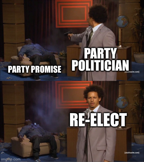 Election Cycle | PARTY POLITICIAN; PARTY PROMISE; RE-ELECT | image tagged in memes,who killed hannibal | made w/ Imgflip meme maker