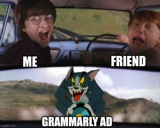 when you show a meme to your friend | FRIEND; ME; GRAMMARLY AD | image tagged in tom chasing harry and ron weasly | made w/ Imgflip meme maker